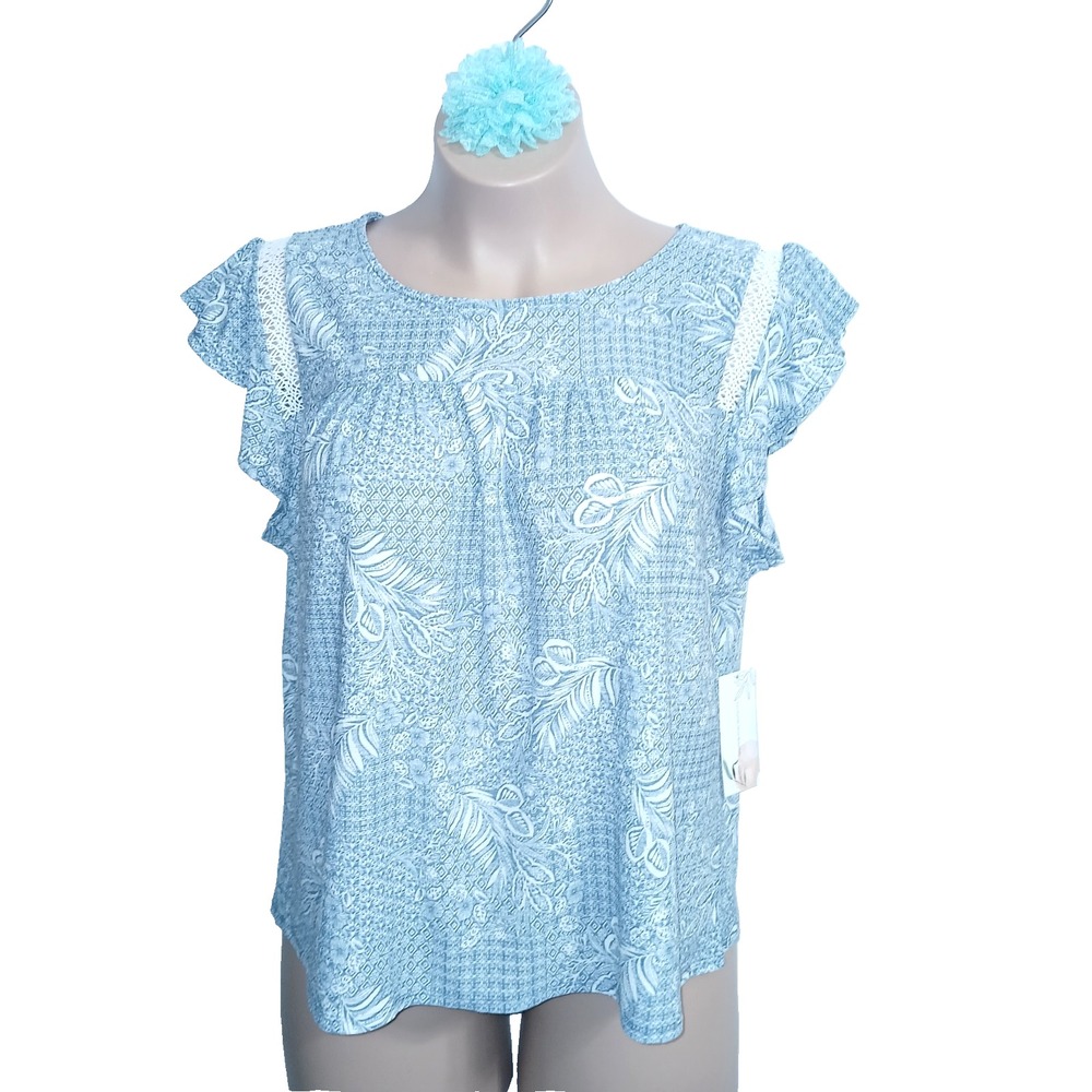 Joie De Viore Women Peasant Top 2X Blue White Floral Tropical Crochet Flutter